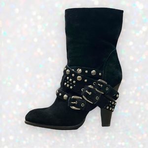 BCBGeneration Catalina Pony Moto Black Studded Buckle Mid-Calf Heeled Booties